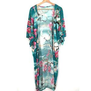 Hawaiian style open front long kimono dressing robe boho festival 100% Rayon OS